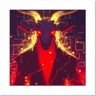 Spooky devil goat on cyberpunk pattern Posters and Art